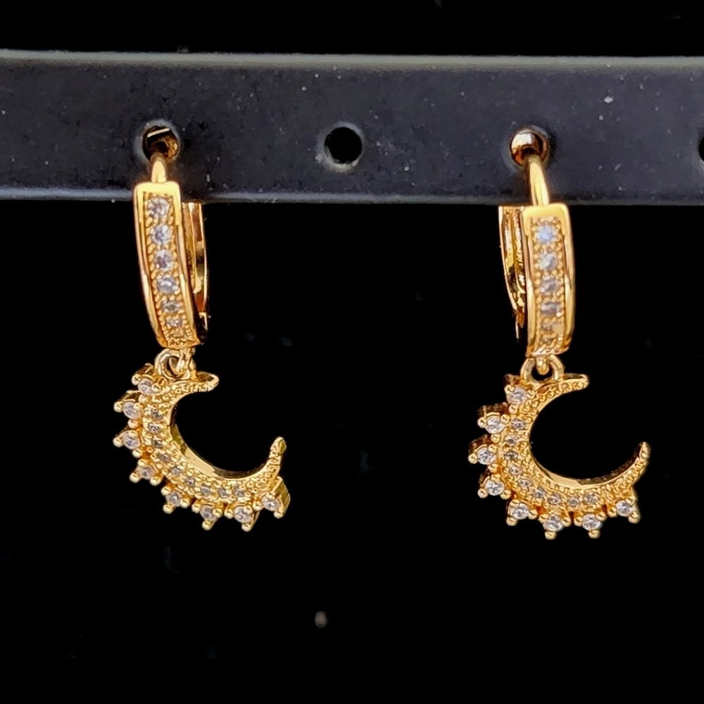 Gold Filled Crescent Moon with Crystals Huggie Hoop Earrings